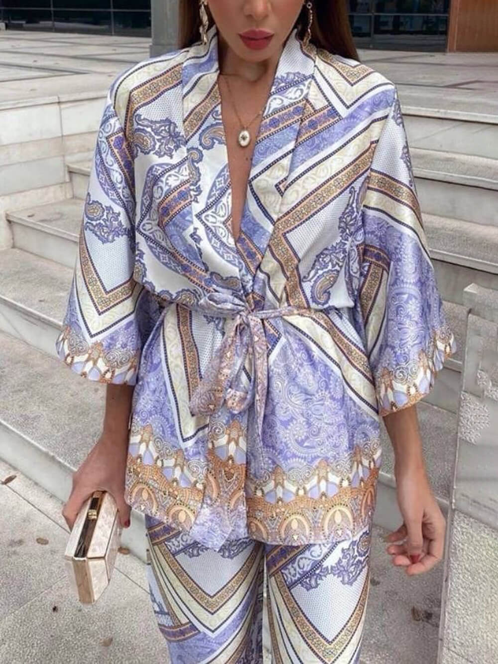Elegant Unique Pattern Print Elastic Waist Loose Straight Pants