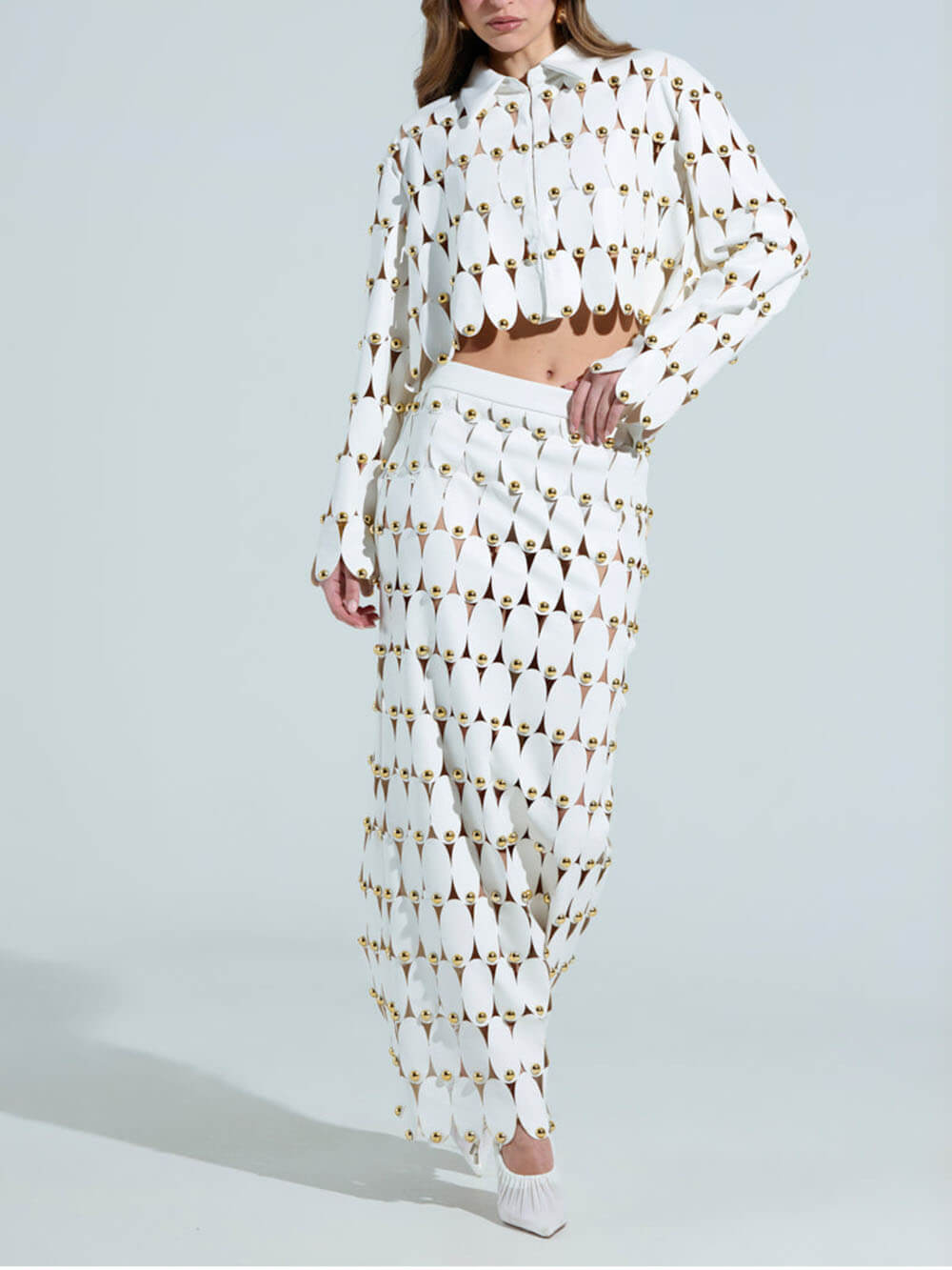 Exquisite Cut-Out Studded PU Cropped Cardigan Top