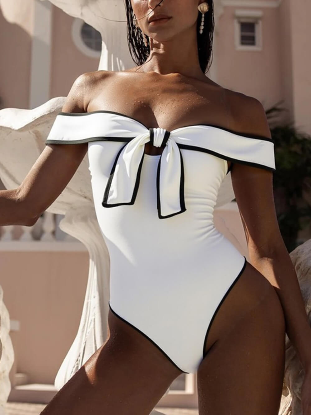 Sexy Strapless Black And White Colorblock One-Piece Swimsuit