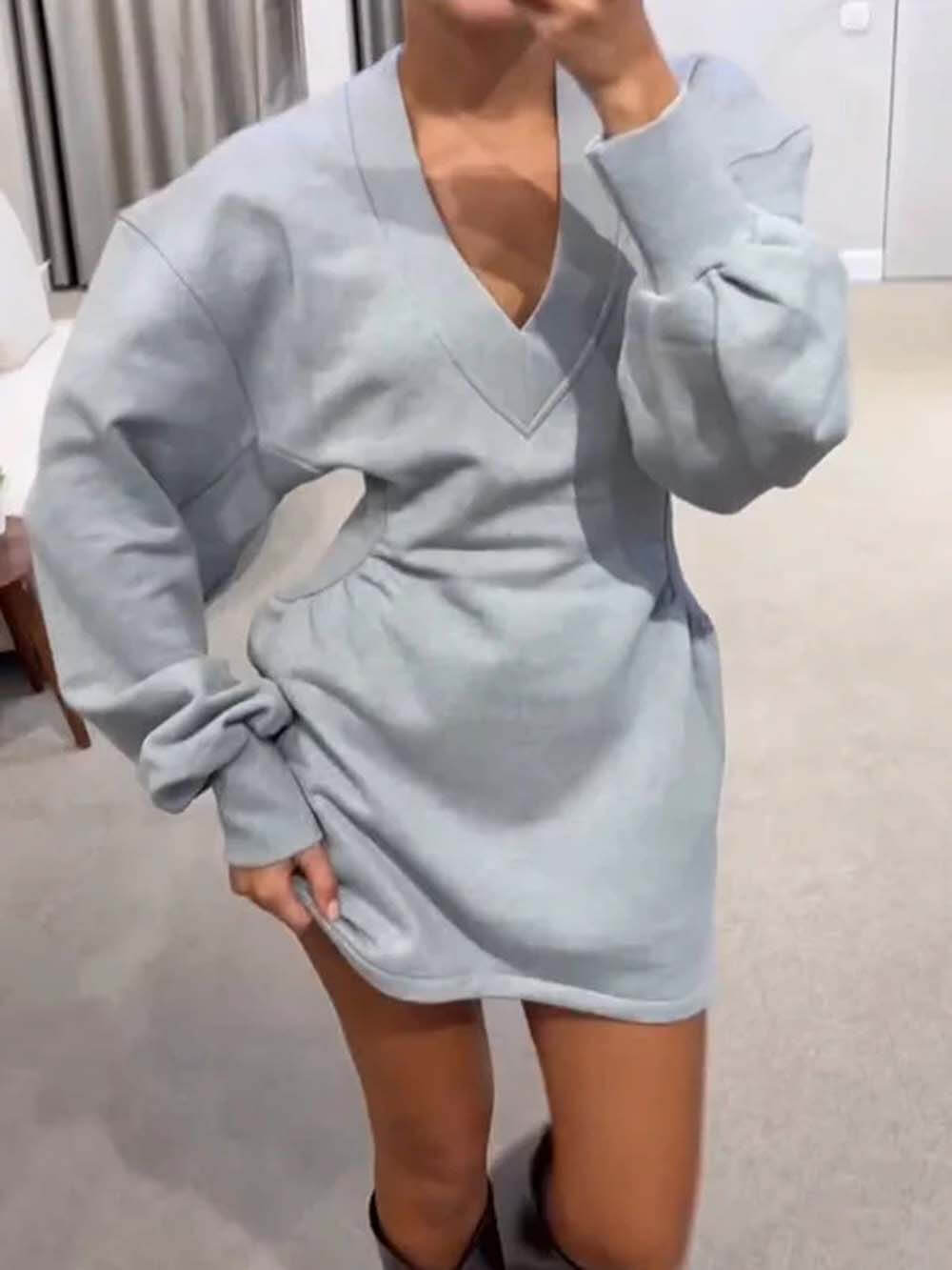 Casual Stroll Ribbed V-neck Long Sleeve Waisted Sporty Mini Dress
