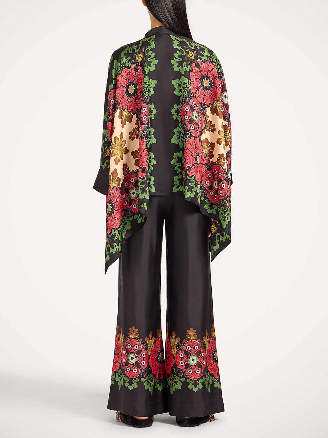 Exquisite Satin Floral Print Kimono Shirt Two-Piece Set