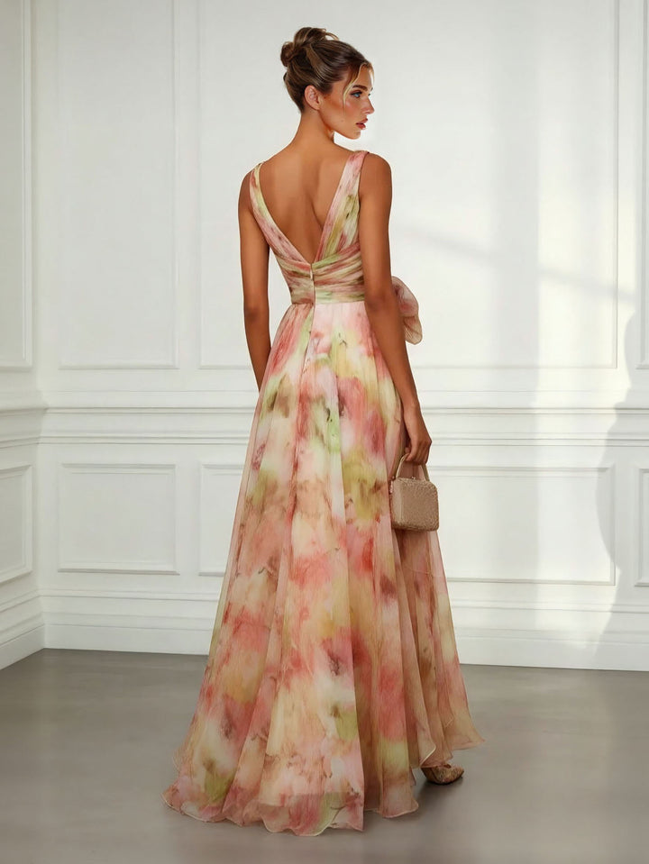 Elegant Abstract Print V-Neck Tie-Waist Maxi Dress