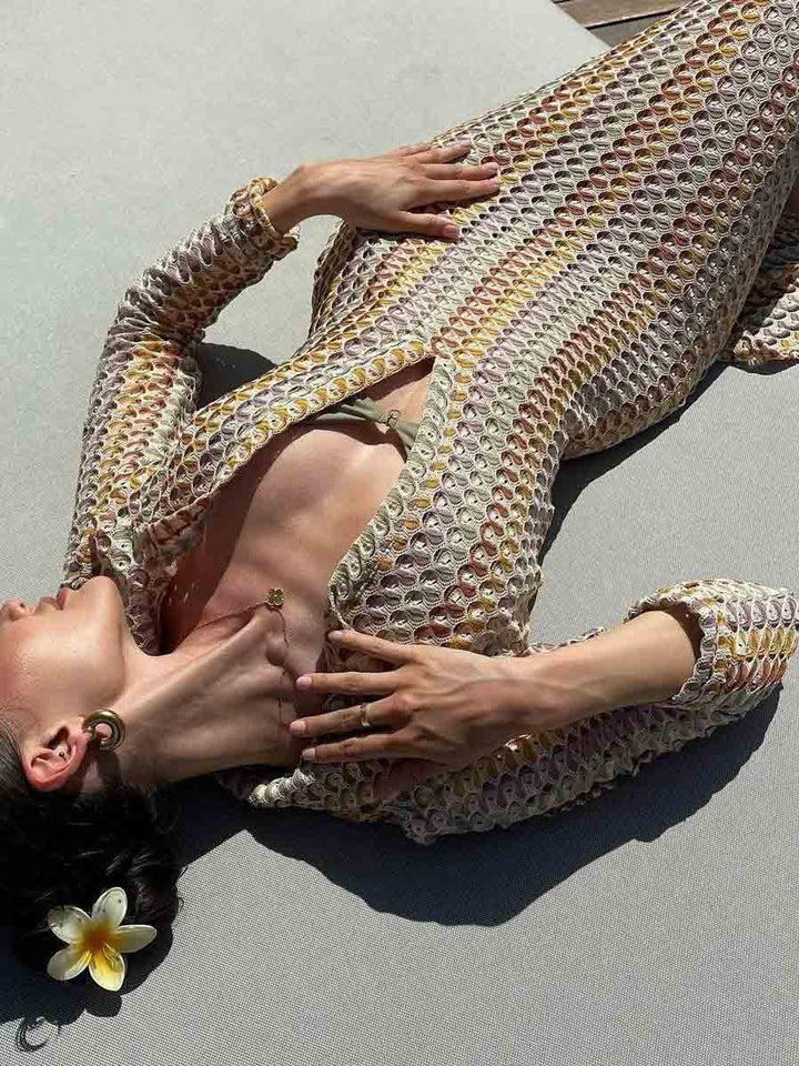 Casual Shirt Collar Slit Wave Stripe Crochet Holiday Maxi Dress