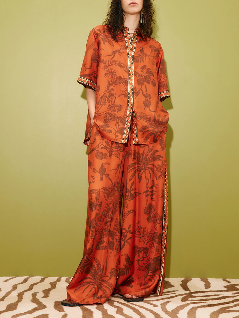 Unique Animal Print Satin Back-Slit Tie-Waist Loose Shirt