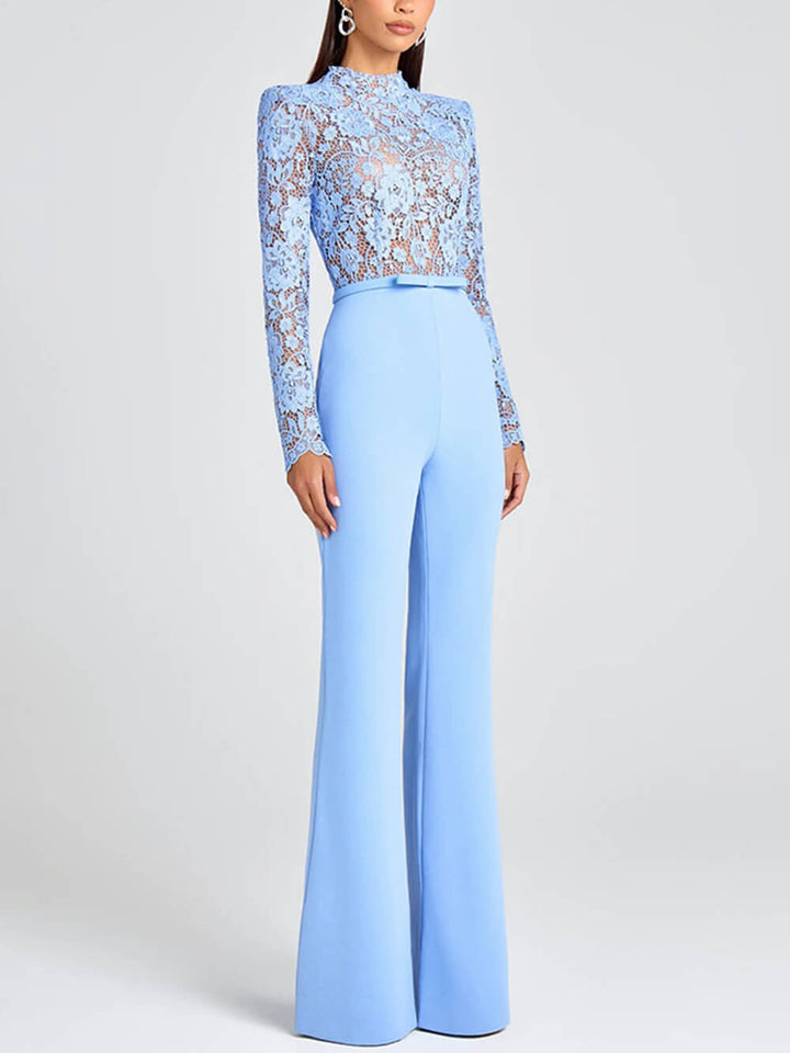 Elegant Party Charmer Flower Lace Patchwork Long Sleeve Bow Belted Flare Jumpsuit
