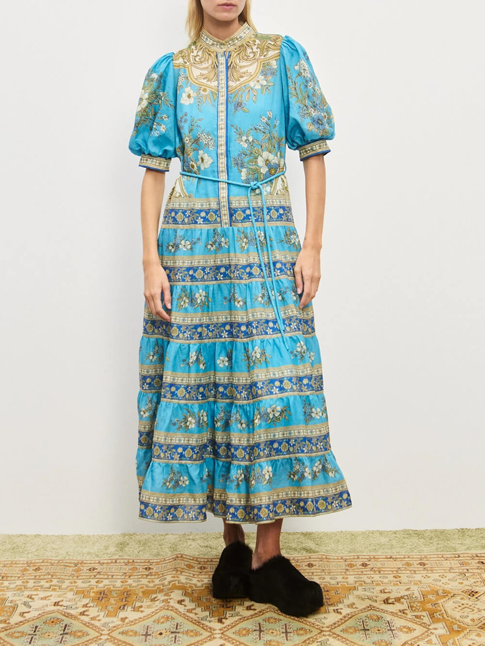 Unique Floral Print Puff Sleeve Tiered Shirt Maxi Dress