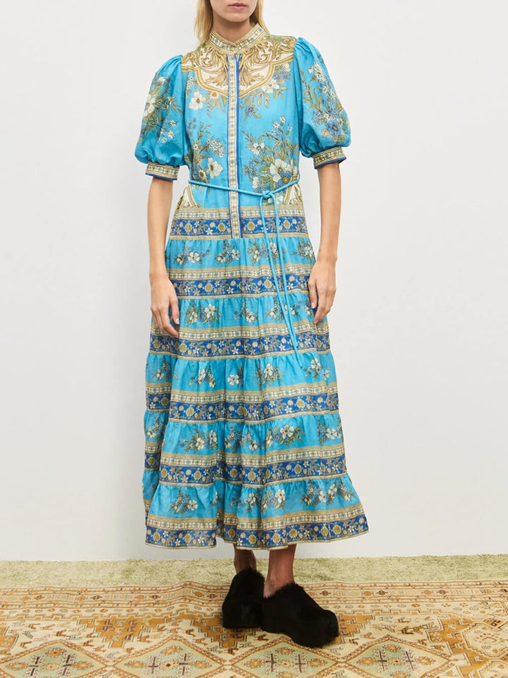 Unique Floral Print Puff Sleeve Tiered Shirt Maxi Dress