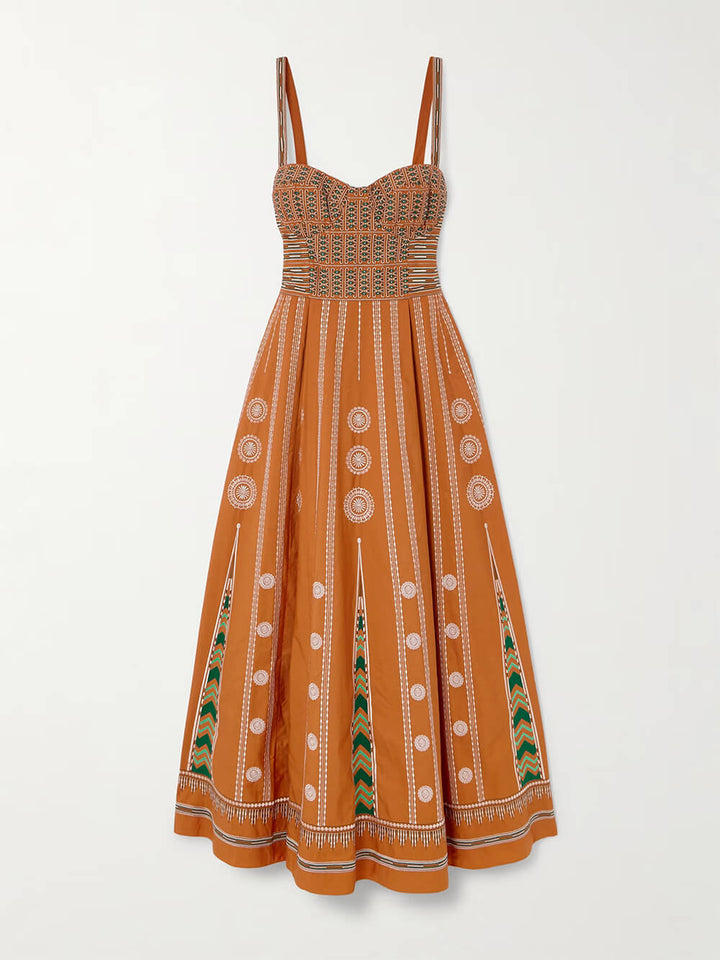 Elegant Off-Shoulder Retro-Print Pleated Midi Dress