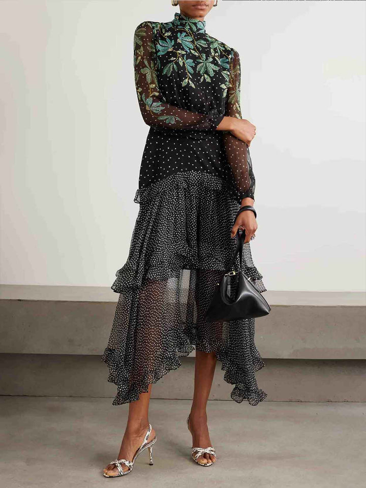Exquisite Polka Dot Floral Print Ruffled Midi Dress