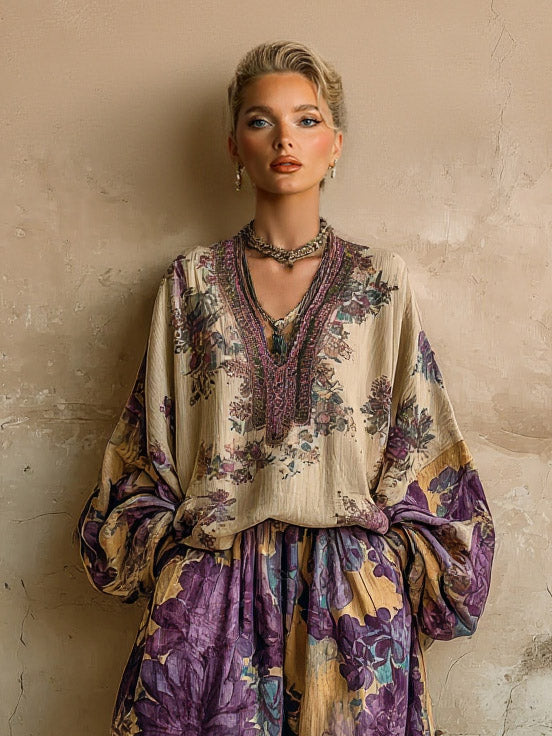 Retro Floral Embroidered Top & Wide-Leg Pants Two-Piece Set