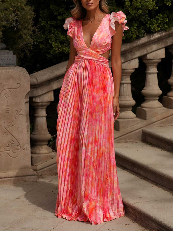 Elegant Tie‑Dye Ruffle Shoulder Pleated Cutout Maxi Dress