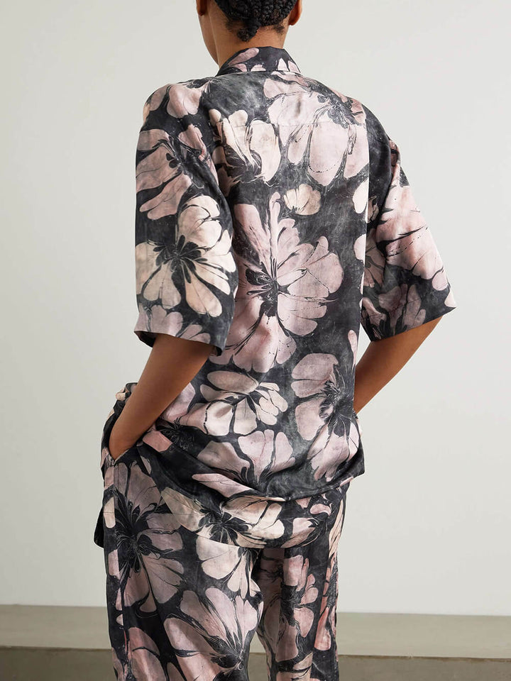 Unique Floral Print Satin High Waist Elastic Waist Tie Pocket Straight Pants
