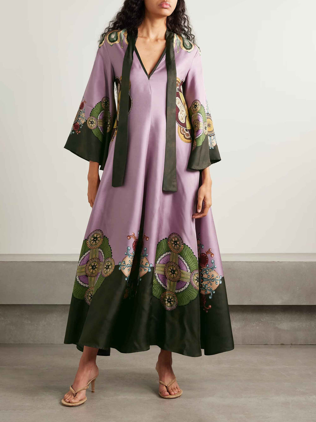 Retro Sophisticated Satin Floral Print Maxi Dress