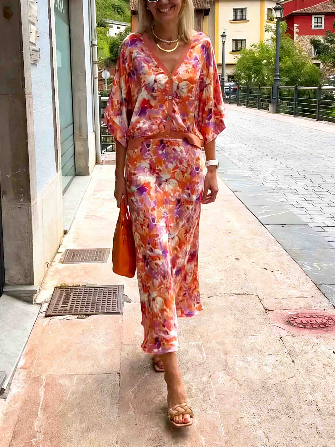 Exquisite Floral Print Satin High-Waisted Midi Skirt