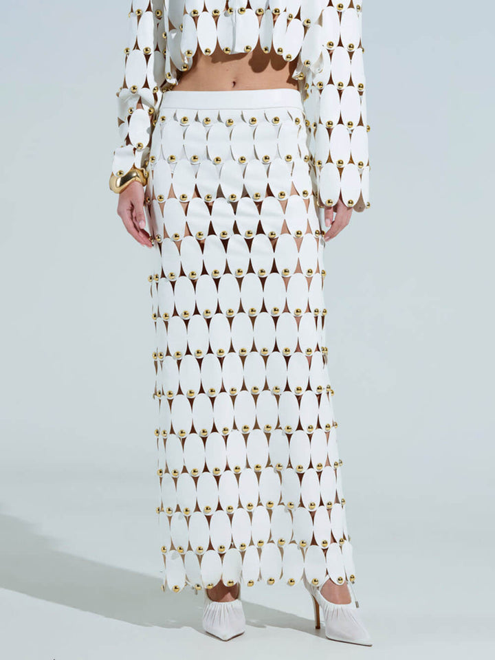 Exquisite Cut-Out Studded PU Cropped Cardigan Top