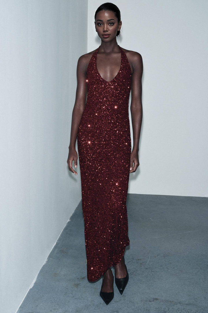 Elegant Fashion Sequin V-Neck Backless Tie Maxi Dress