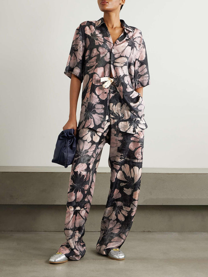 Unique Floral Print Satin High Waist Elastic Waist Tie Pocket Straight Pants