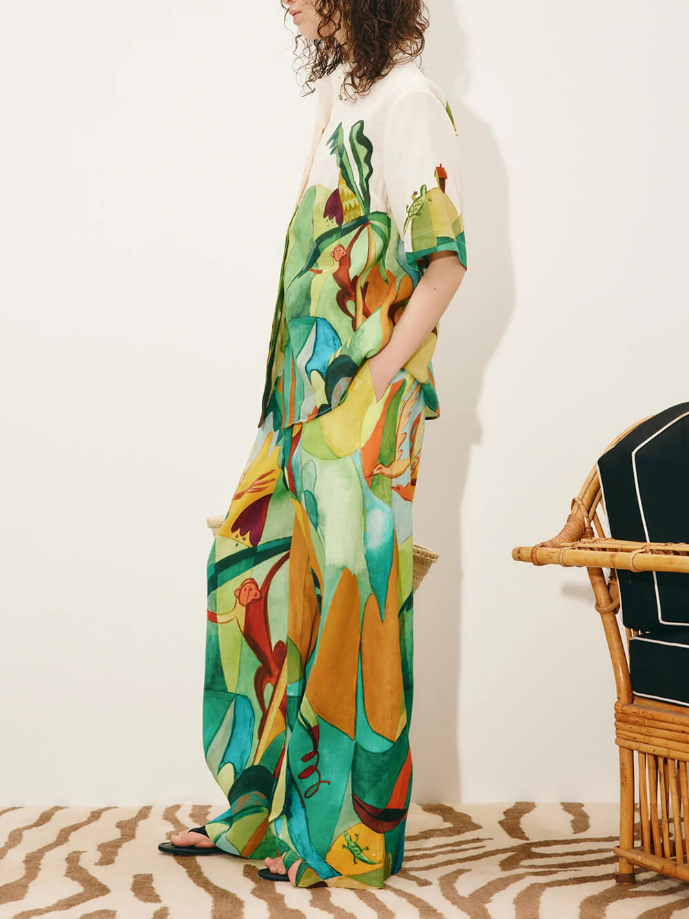 Unique Modern Linen Abstract Print Loose Wide-Leg Pants