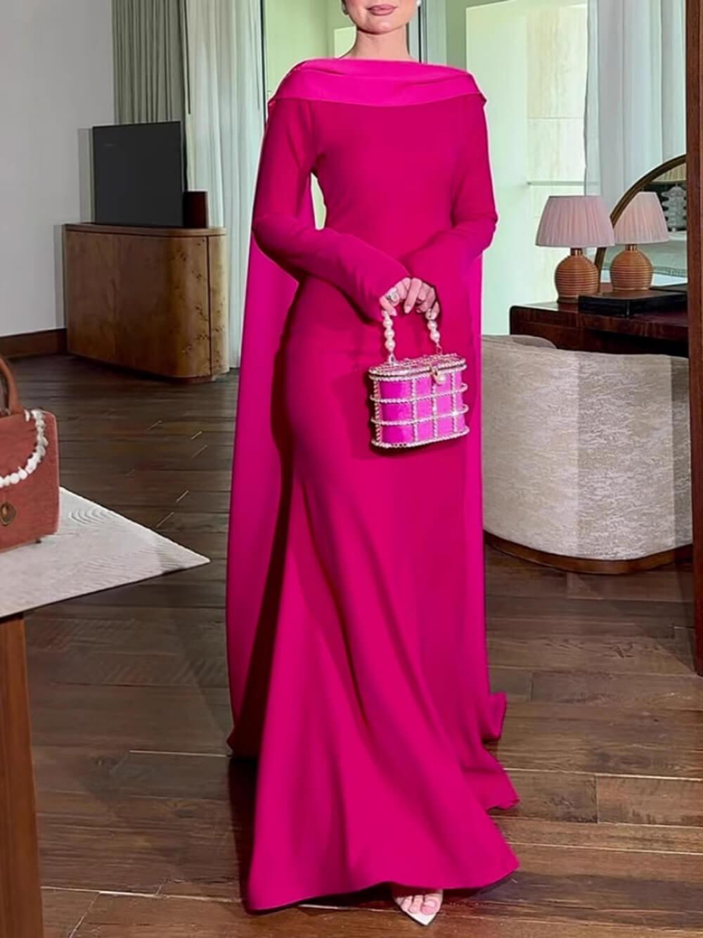 Elegant Slit Hip-Wrap Shawl Ribbon Evening Maxi Dress