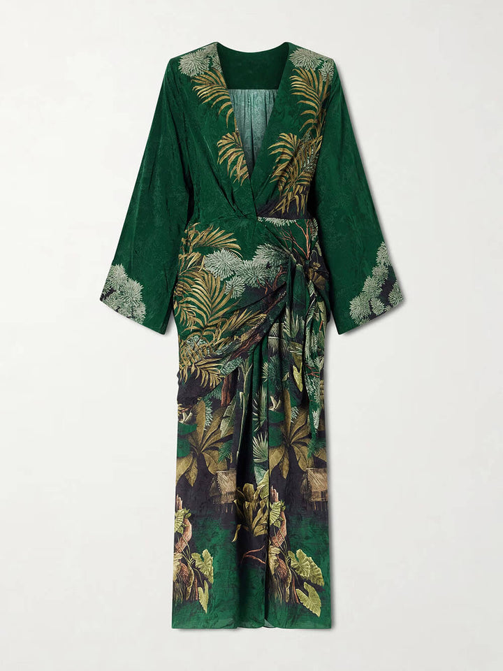 Fashionable Printed Satin Wrap Midi Dress