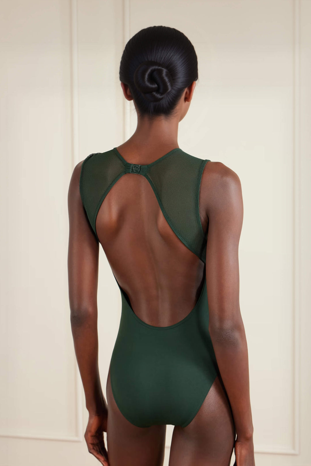 Unique Backless Mesh-Trim One-Piece Swimsuit