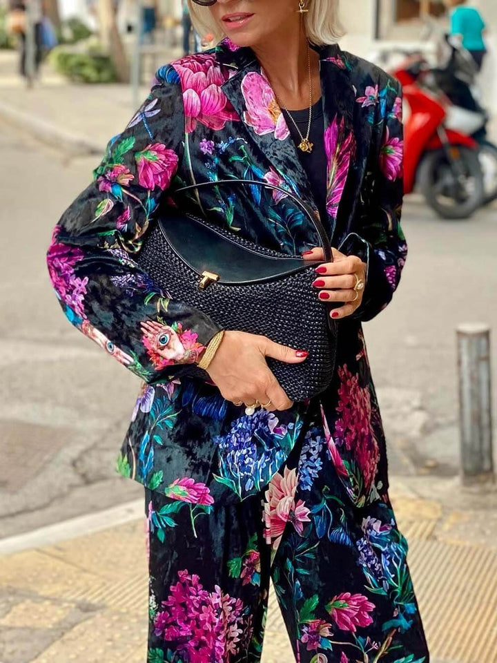 Retro Floral Print Blazer & High-Waist Wide-Leg Pants Set