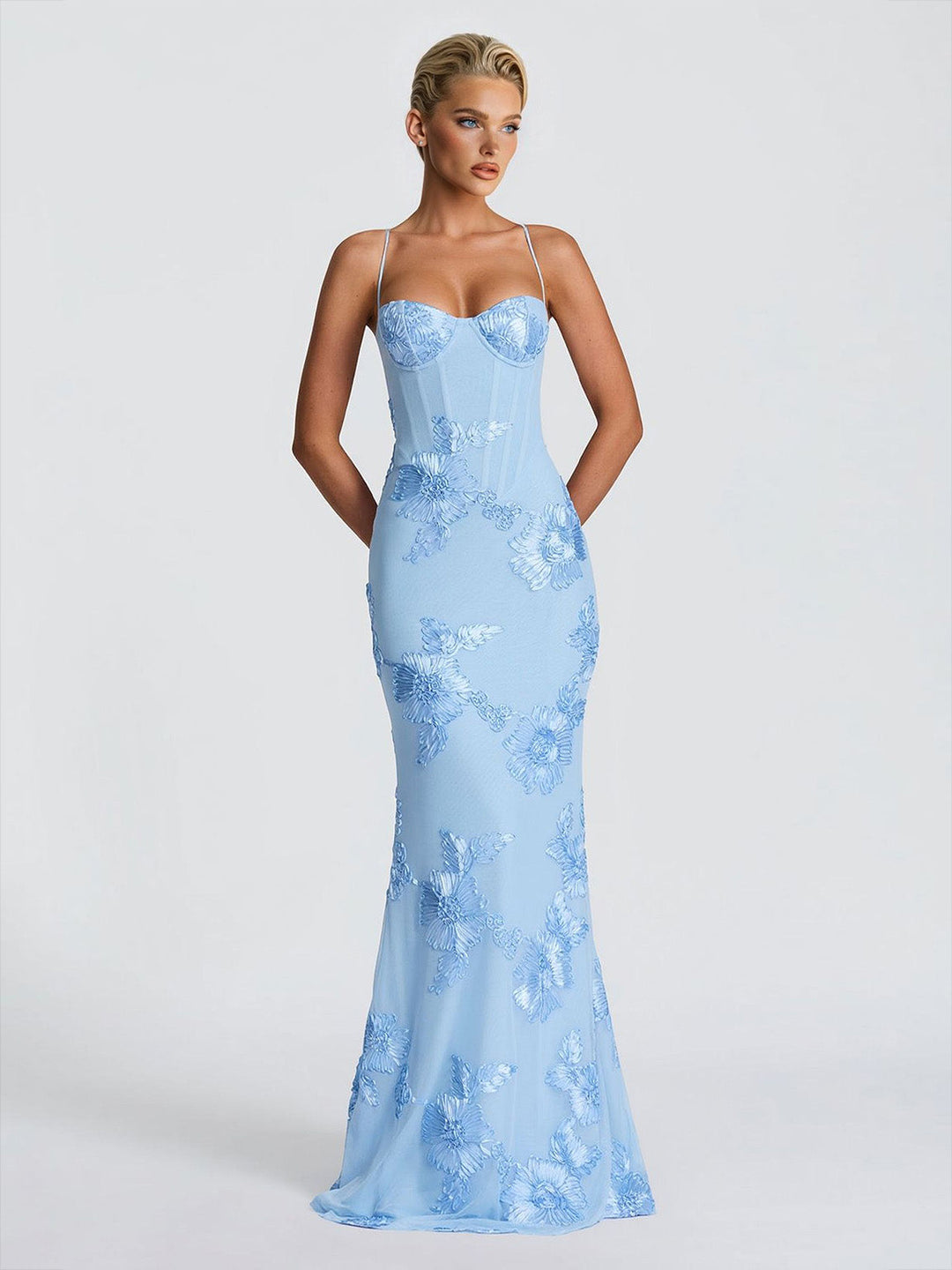 Elegant Floral Embroidered Spaghetti Strap Mermaid Maxi Dress