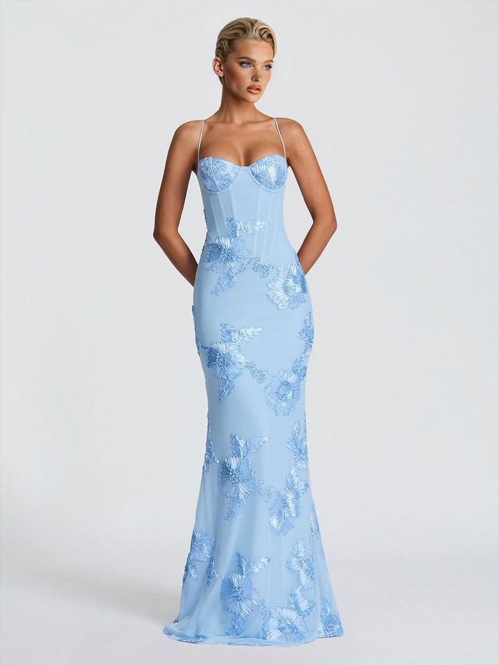 Elegant Floral Embroidered Spaghetti Strap Mermaid Maxi Dress