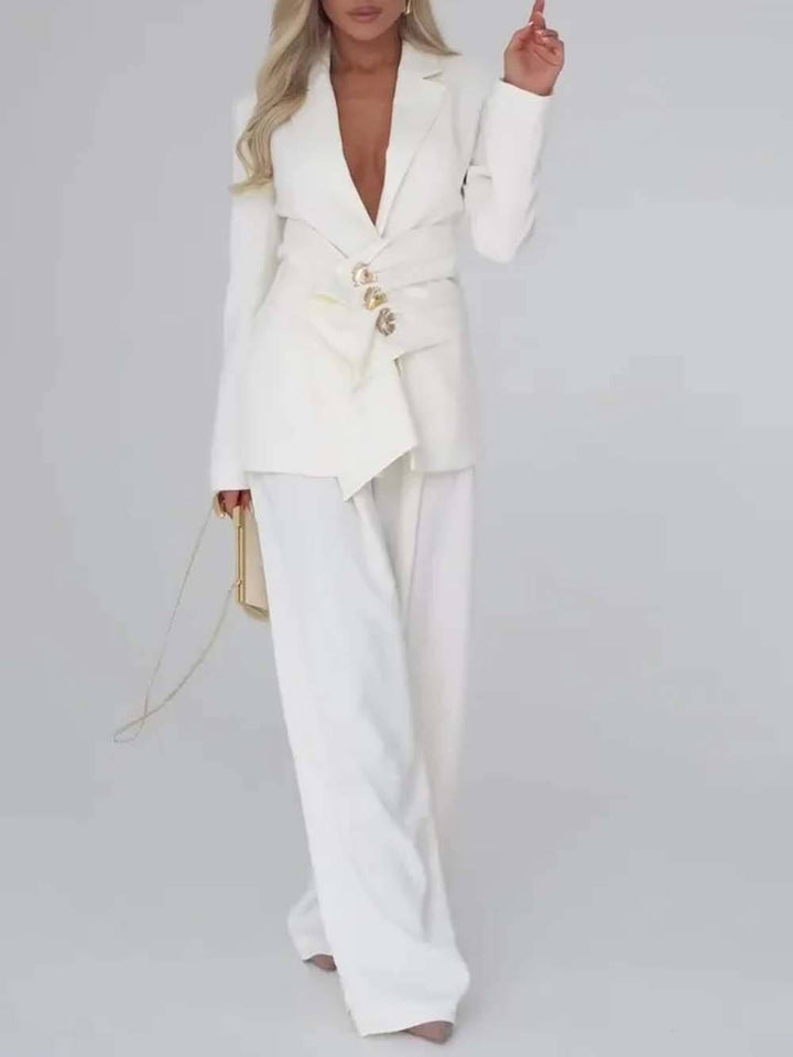 Unique Casual Pocket Blazer Wide-Leg Pants