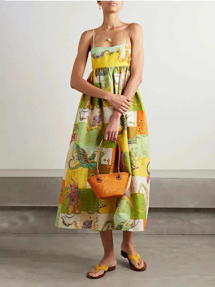 Unique Animal Print Tie Back Pleated Midi Dress