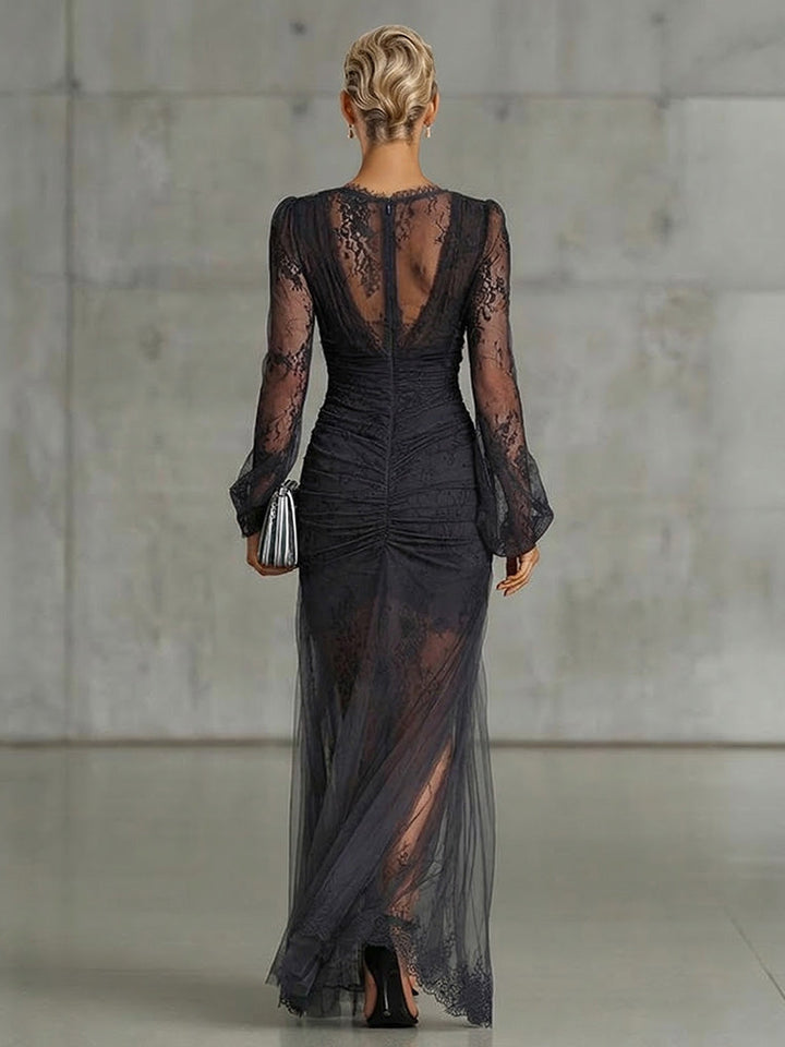 Charming Sheer Tulle Lace High Slit Maxi Dress
