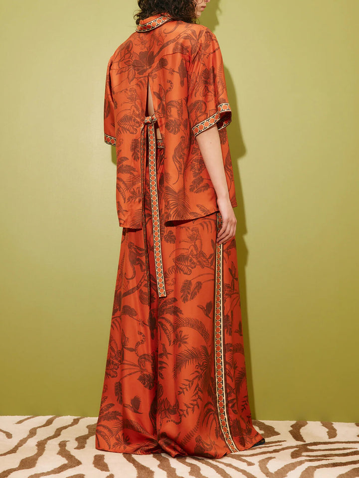 Unique Animal Print Satin Back-Slit Tie-Waist Loose Shirt
