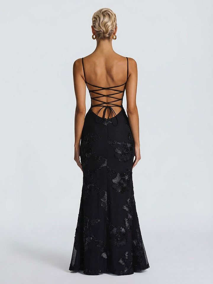 Elegant Floral Embroidered Spaghetti Strap Mermaid Maxi Dress