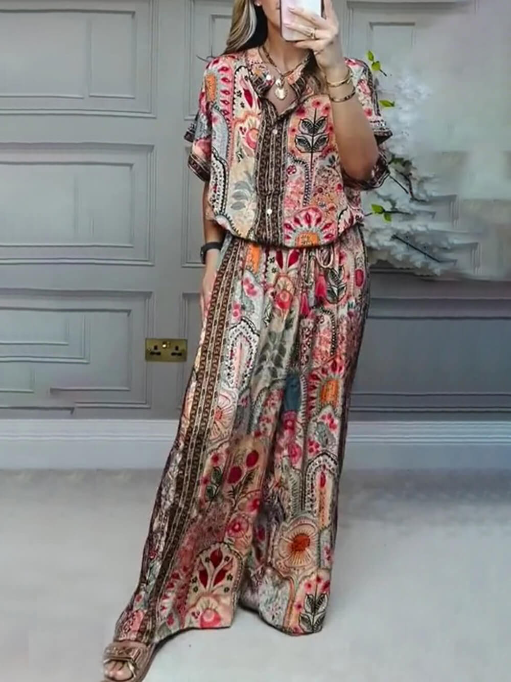 Boho Printed Fringe-Accented Loose Blouse