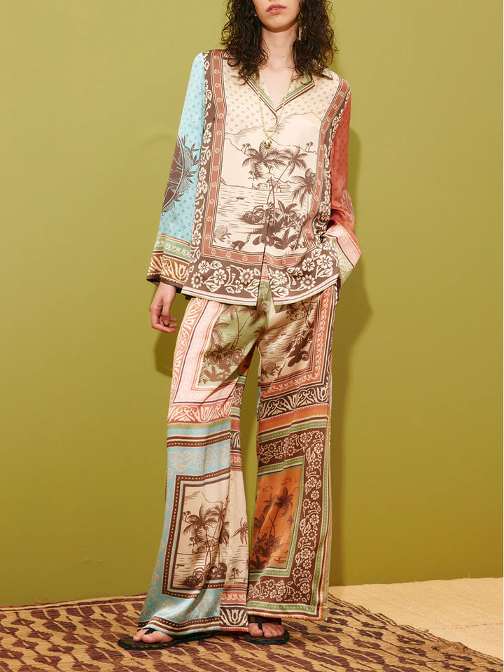 Unique Satin Floral Print Button-Up Shirt with Elastic Waist Pockets And Wide-Leg Pants Set