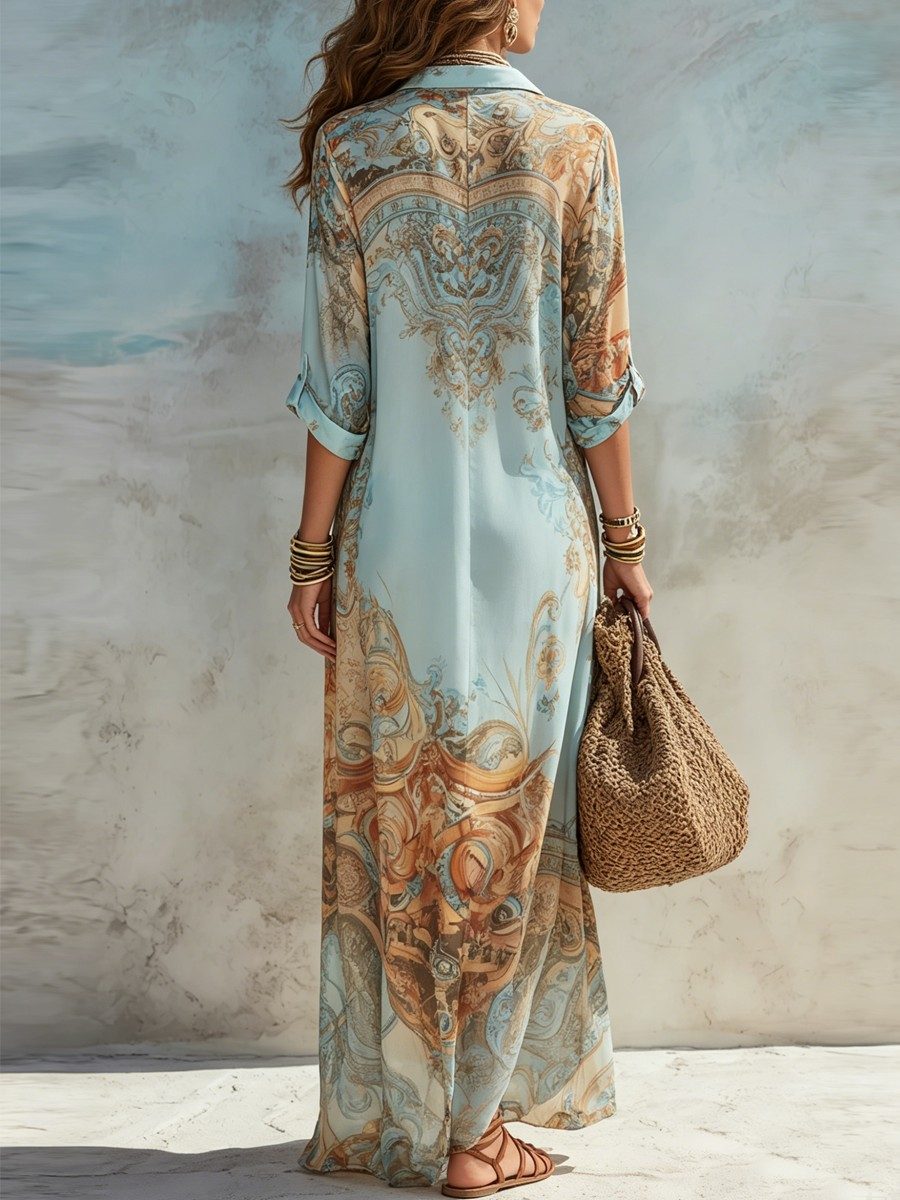 Bohemian Art Print Shirt Maxi Dress