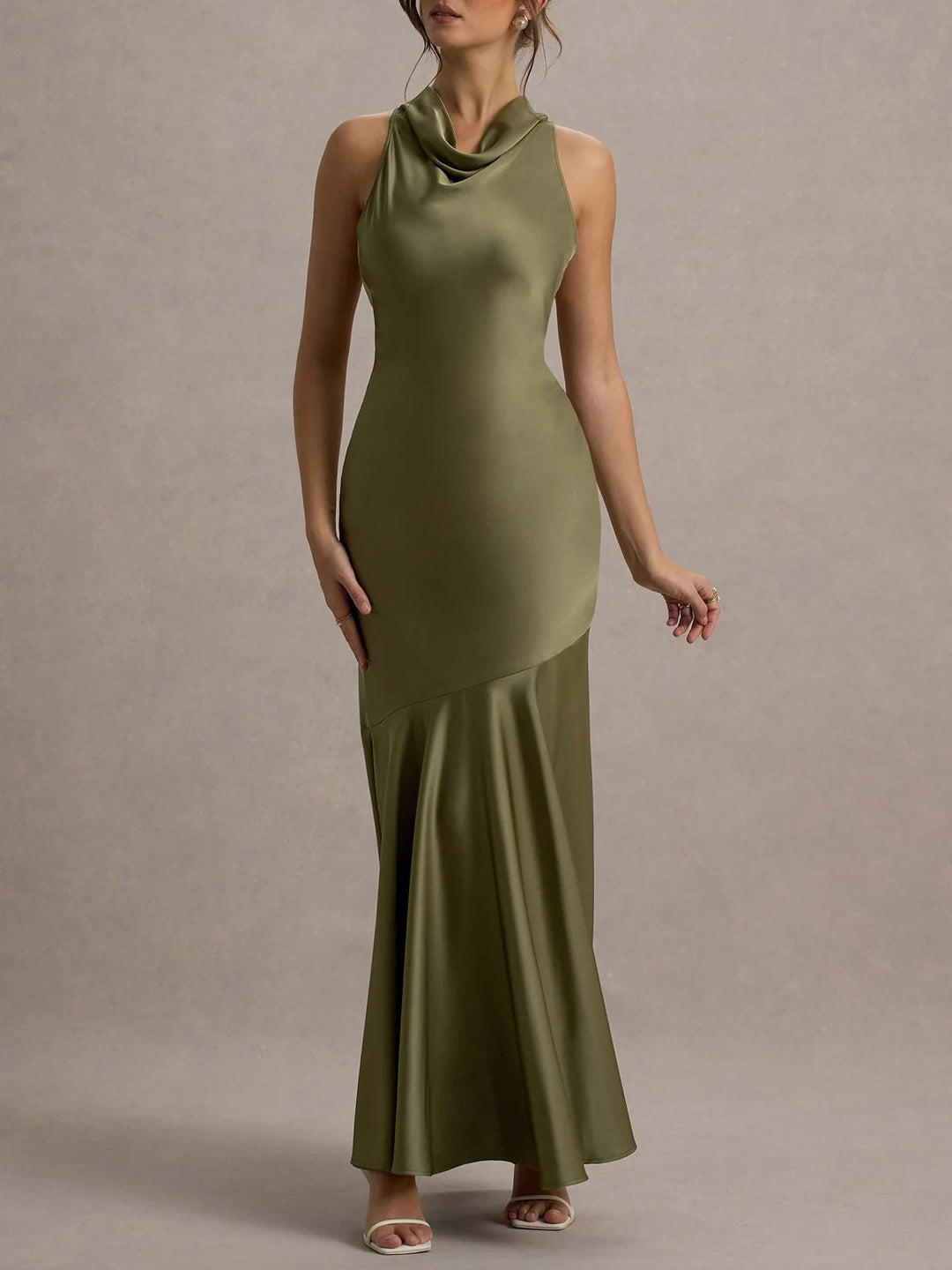 Elegant Satin Cowl Neck Sleeveless Mermaid Maxi Dress