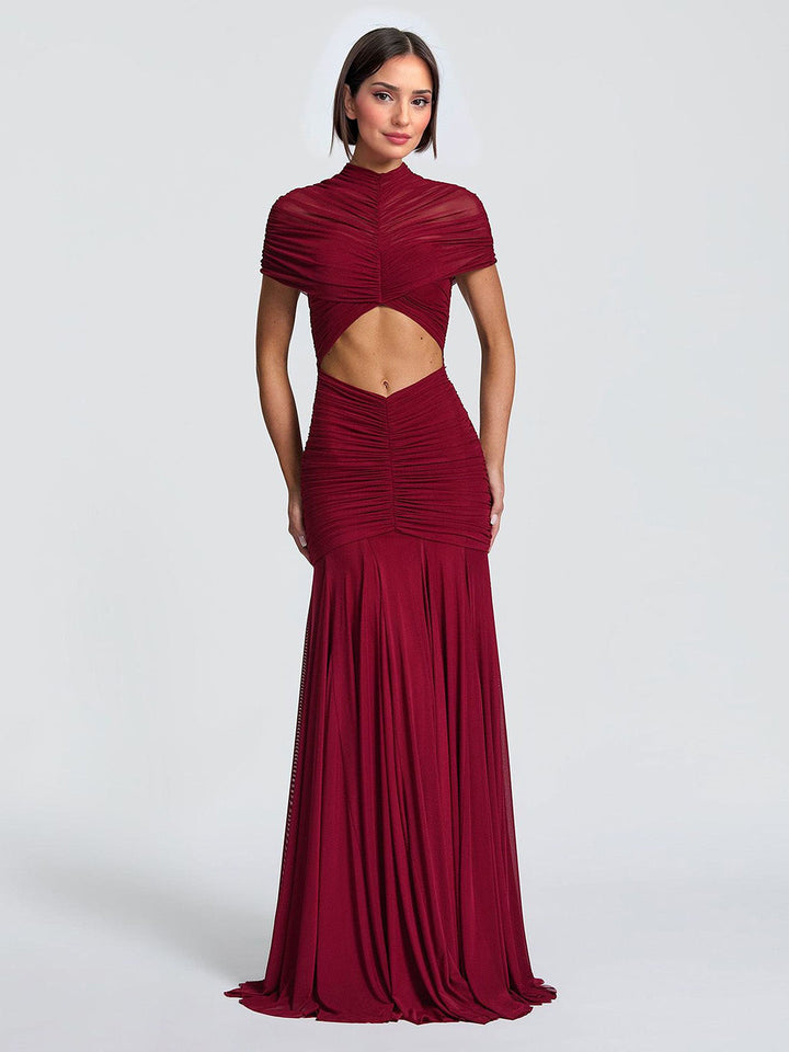 Mesh Pleated Short-sleeved Cutout Maxi Dress