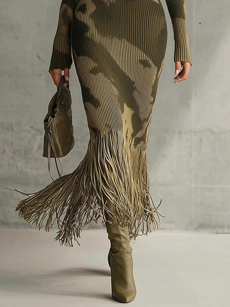 Elegant Camouflage Knit V-neck Fringed Hem Maxi Dress