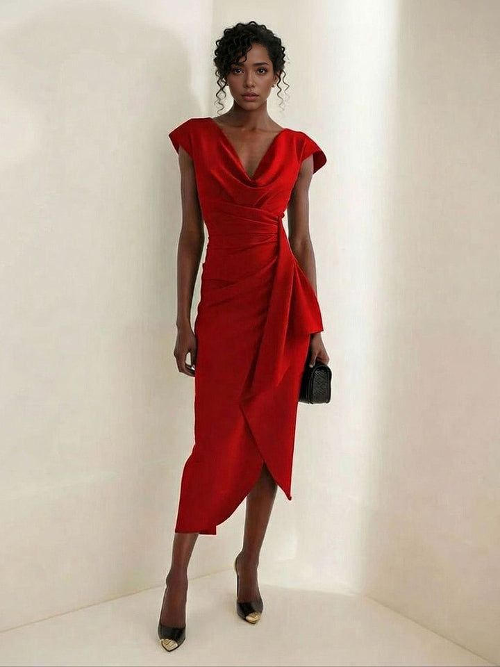 Elegant Draped Neckline Fitted Midi Dress