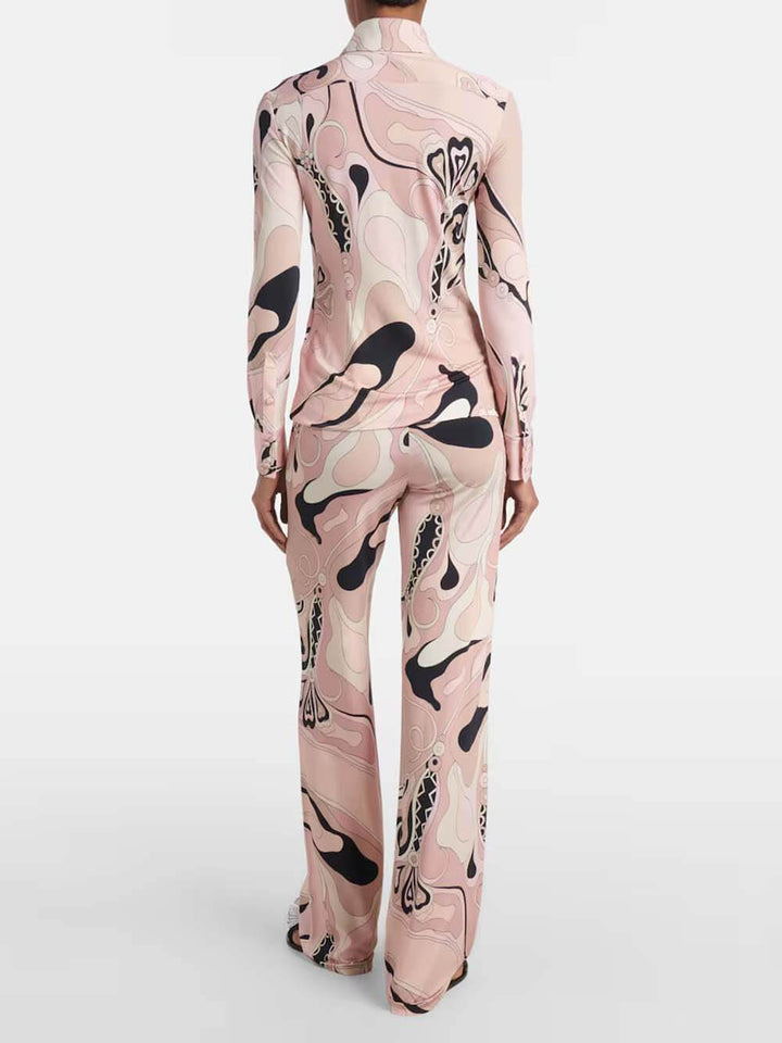 Unique Floral Print Fitted Button Shirt & Elastic Waist Straight-Leg Pants Set