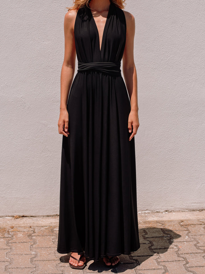Elegant Halter Neck Draped Tie-Waist Maxi Dress