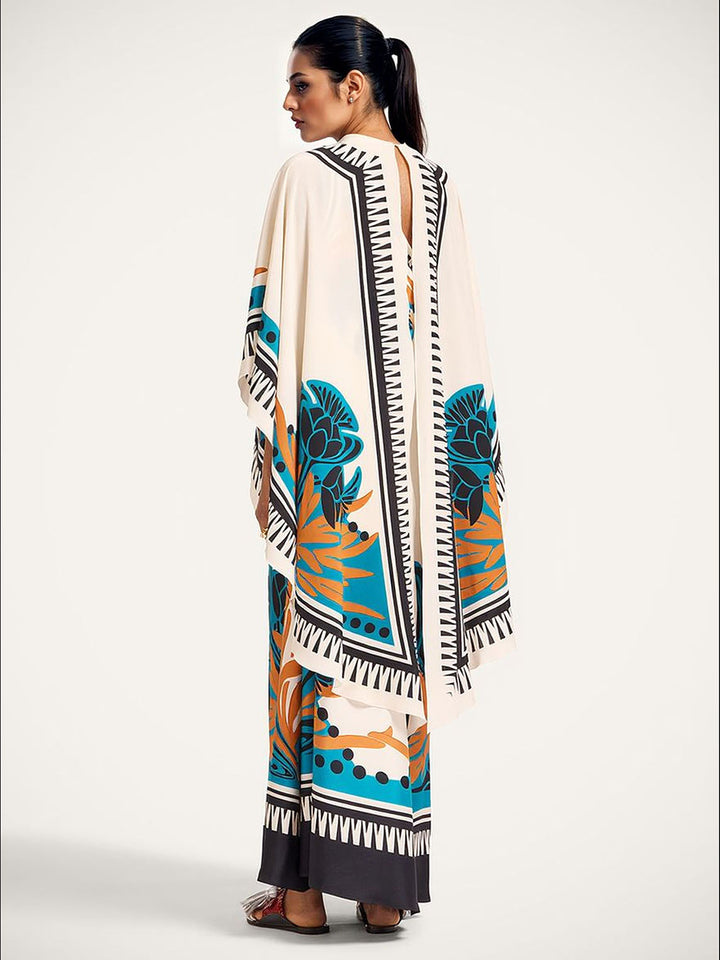 Exquisite Printed One-Shoulder Dress With Detachable Shawl Two-Piece Set