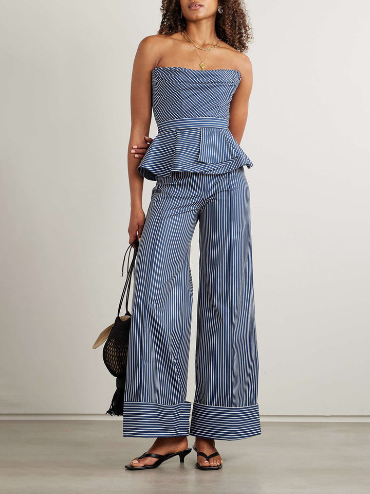 Retro Off-Shoulder Striped Print Stretch Twill Ruffle Tank Top
