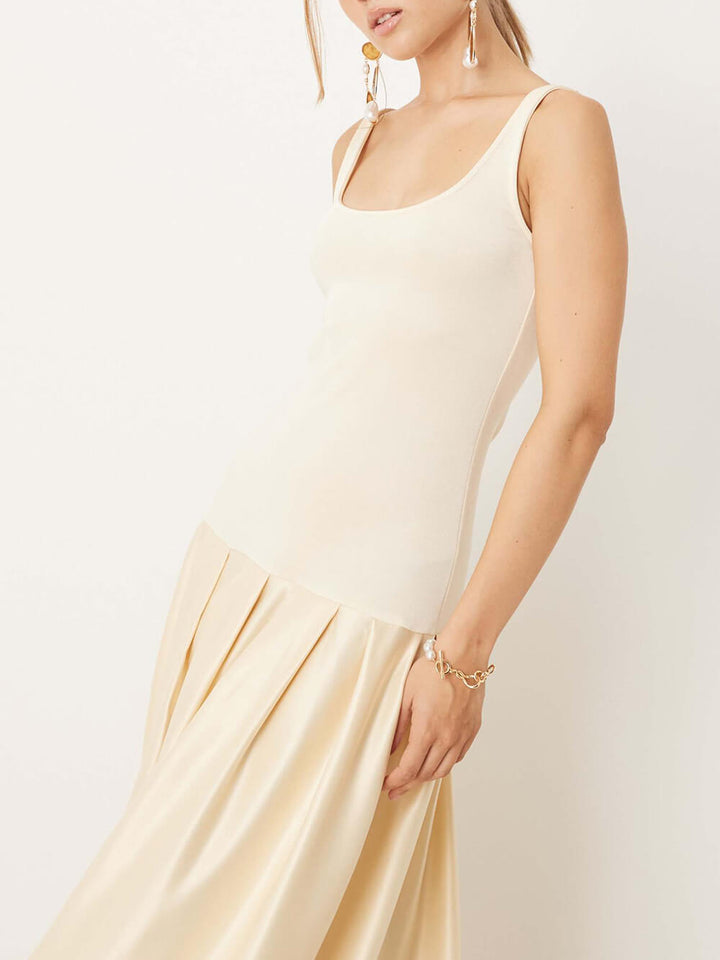 Classic Round-Neck Satin Patchwork Maxi Dress