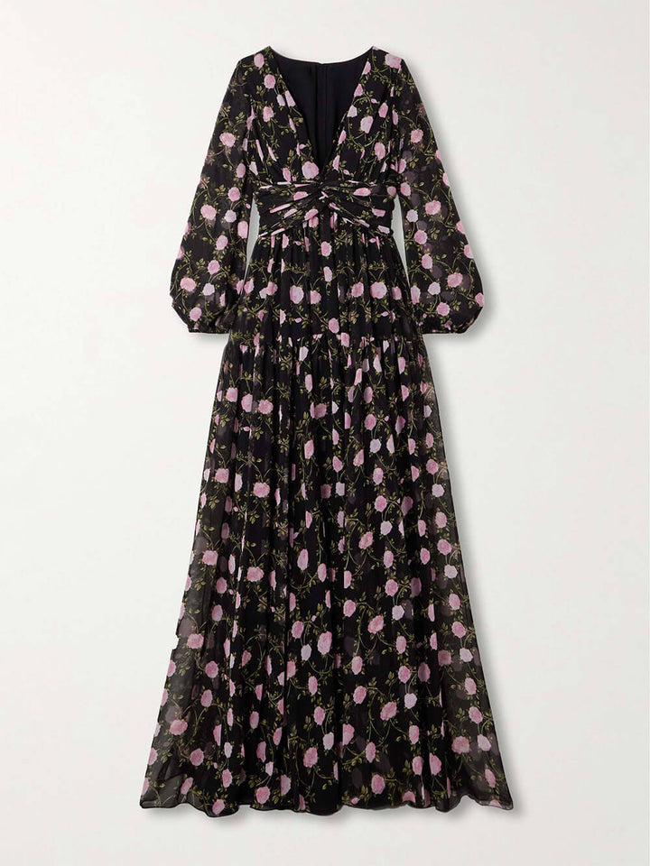 Romantic Exquisite Pleated Floral Print Chiffon Maxi Dress