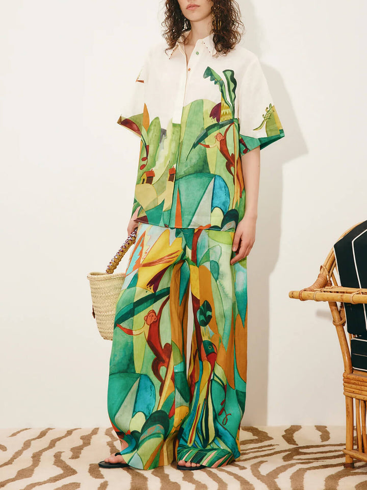 Unique Modern Linen Abstract Print Loose Wide-Leg Pants