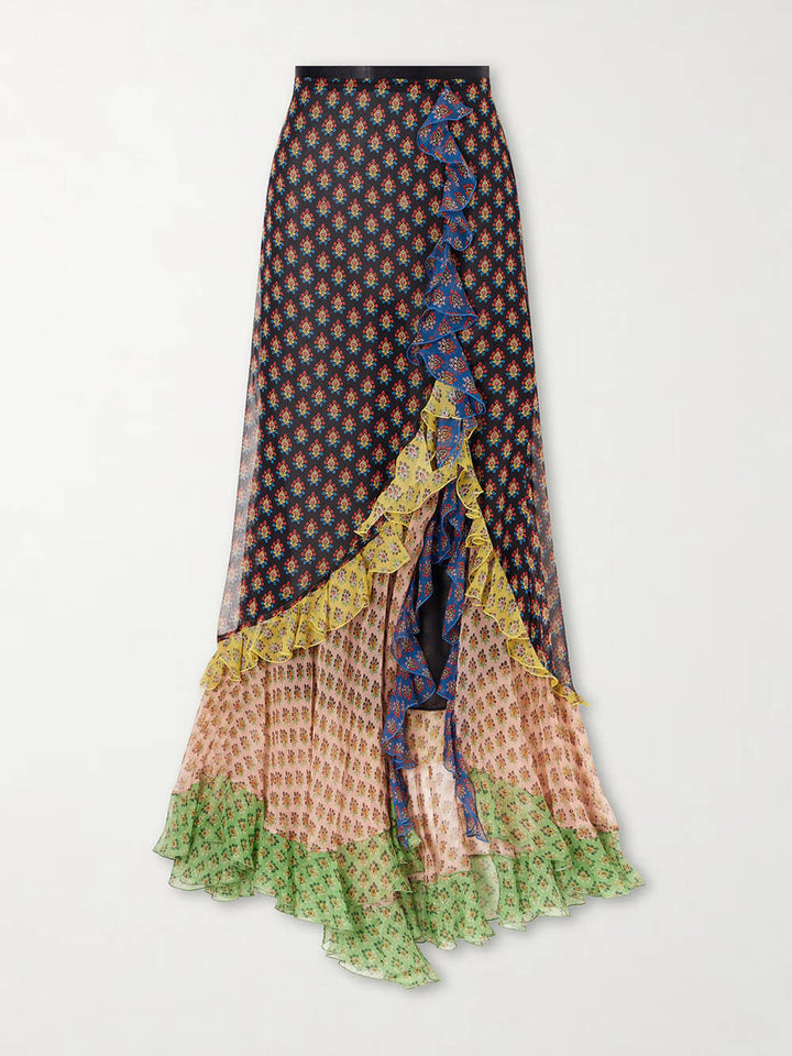 Delicate Ruffled Tiered Printed Chiffon Maxi Skirt