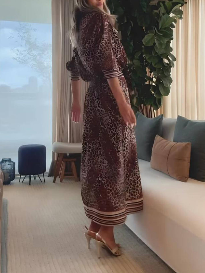 Retro Classic Leopard Print Patchwork Elastic Waist Midi Skirt
