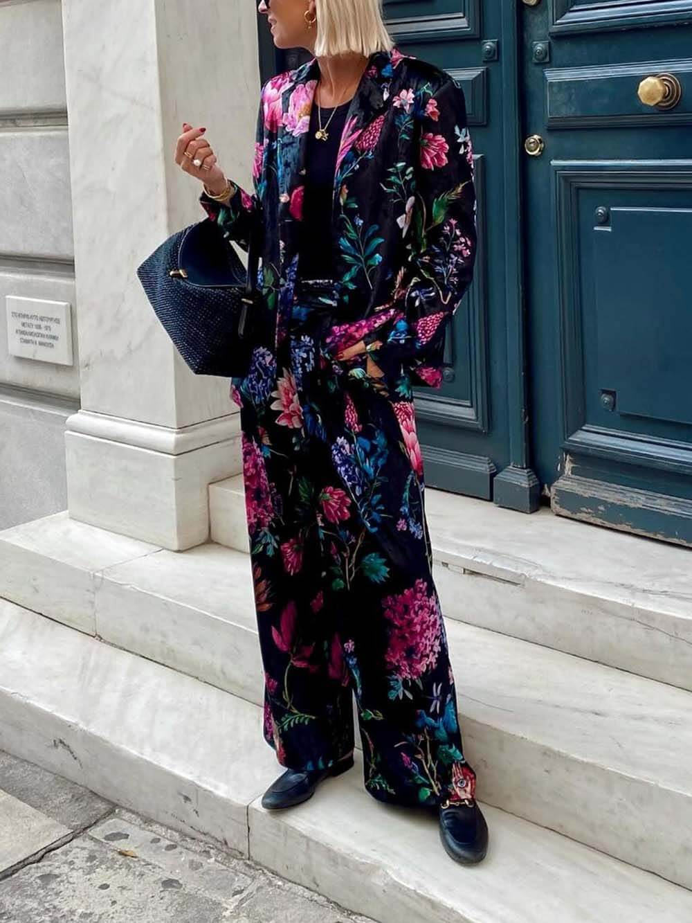 Retro Floral Print Blazer & High-Waist Wide-Leg Pants Set